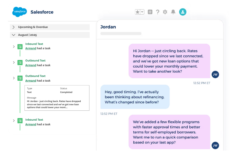 TextUs Salesforce SMS Integration screen shot of 2-way message threads auto-logged in Salesforce